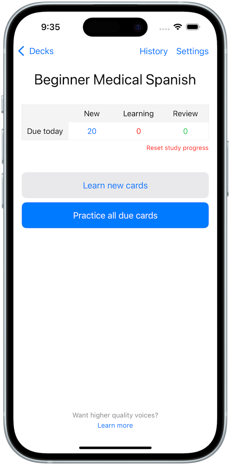 iPhone displaying Audio Flash audio flashcards interface with hands-free study features