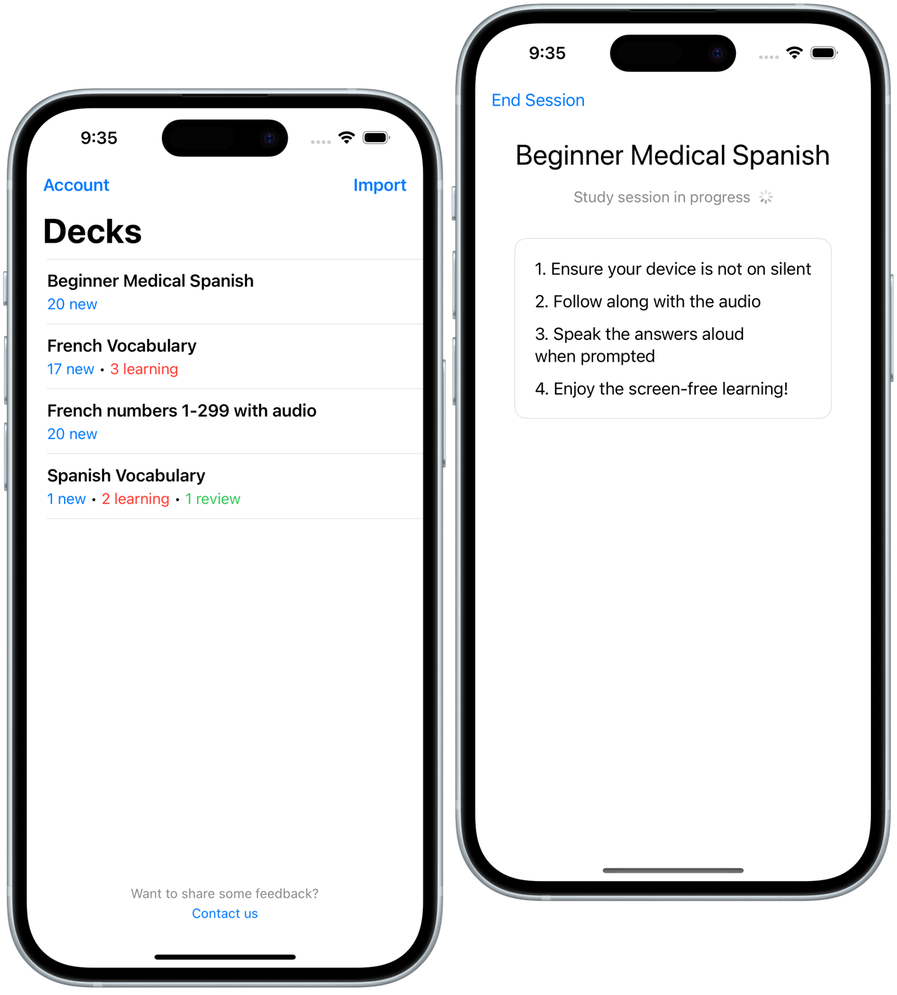 Audio Flash app interface showing hands-free audio flashcard study on iPhone screens